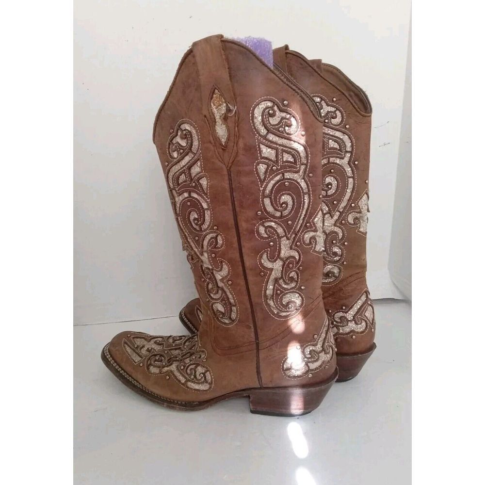 Western Cowgirl Boots Brown Leather Embroidered Floral Design Square Toe - Picture 6 of 7